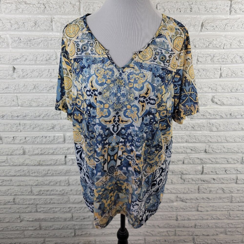 Catherines Womens 0X Top Blue Yellow Geometric Embroidered Studded FLO332E